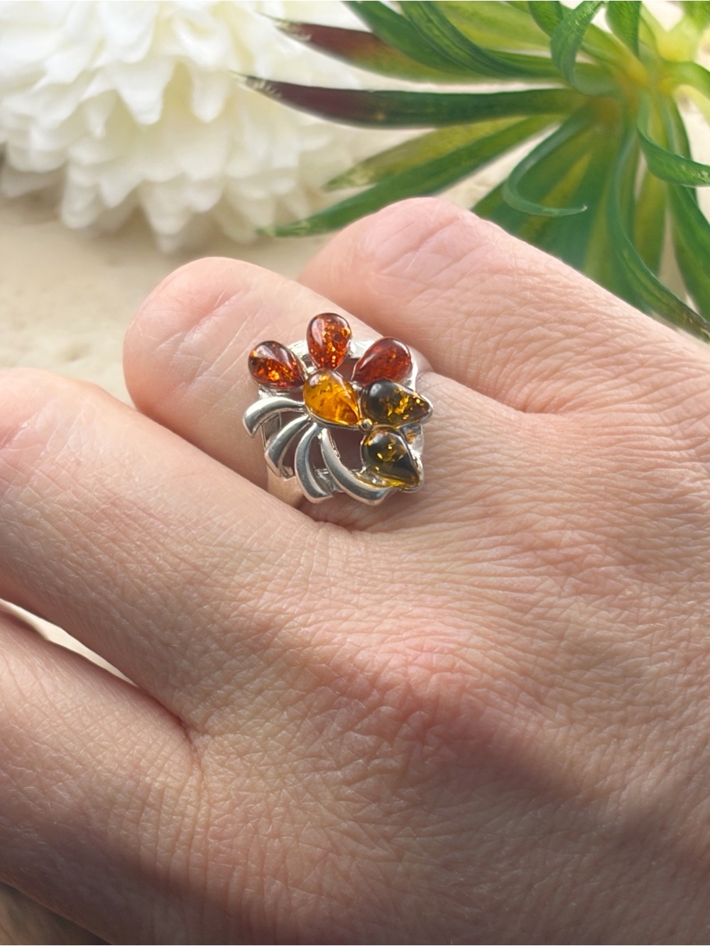Estate Sterling Silver 925 Amber Cluster Ring Size 7.5 7 1/2 Pear Multicolored
